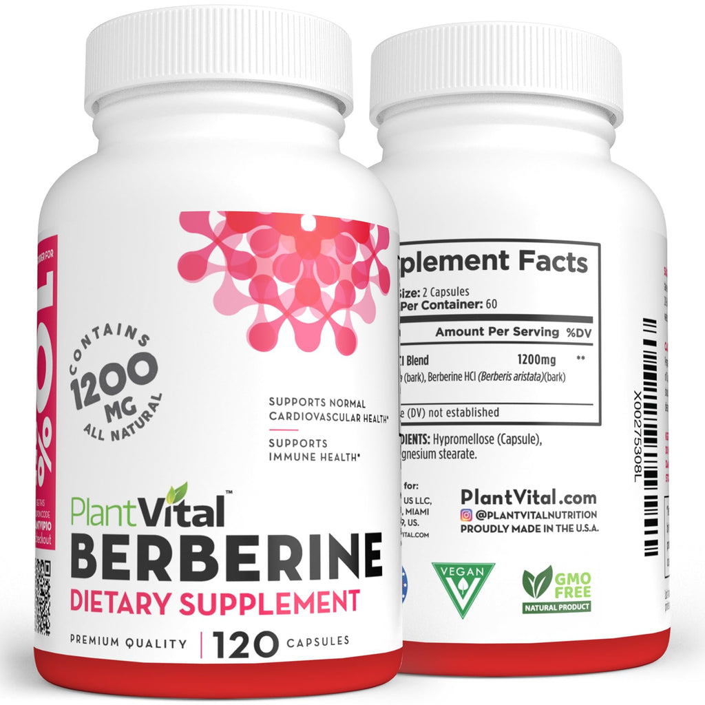 Plantvital Berberine 1200mg (per 2 Capsules) Berberine Supplement for Immunity Support and Normal Cardiovascular Health - 120 Capsules, Non-GMO, Vegan, Gluten Free and Made in the USA