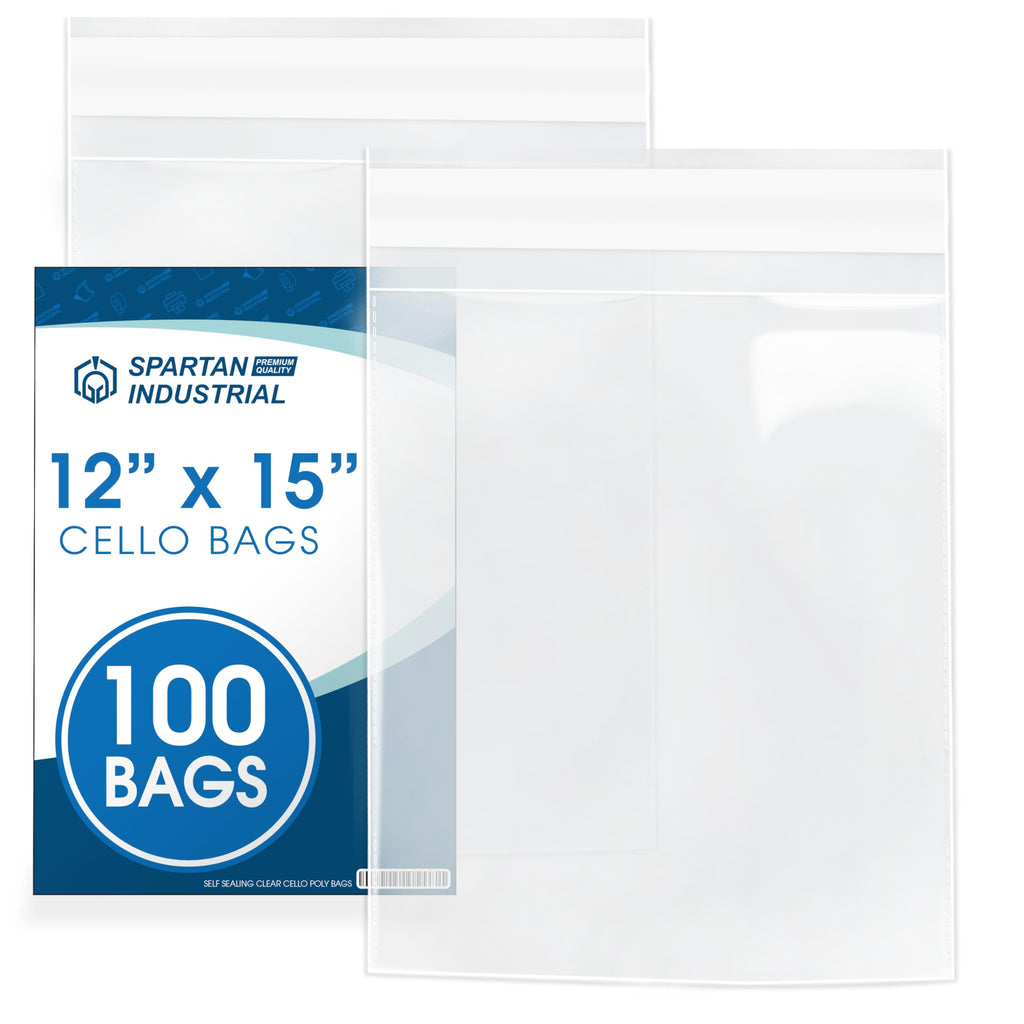 12x15 Poly Bags, 100 Count - Clear Self-Seal Cellophane for Apparel & Art