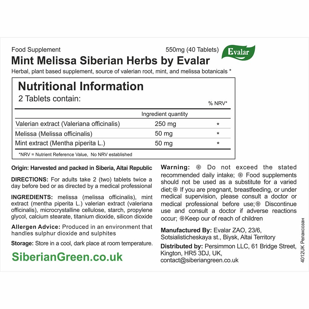 Evalar Melissa Mint Siberian Herbs Relaksozan 40 Tabs