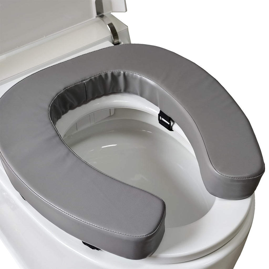 Soft Padded Toilet Seat Cushion with 2-Inch High-Density Foam & Waterproof PU Fabric, U-Shape Padded Toilet Cushion - Secure Hook & Loop Tape, Fits Standard/Elongated Toilets (Grey)