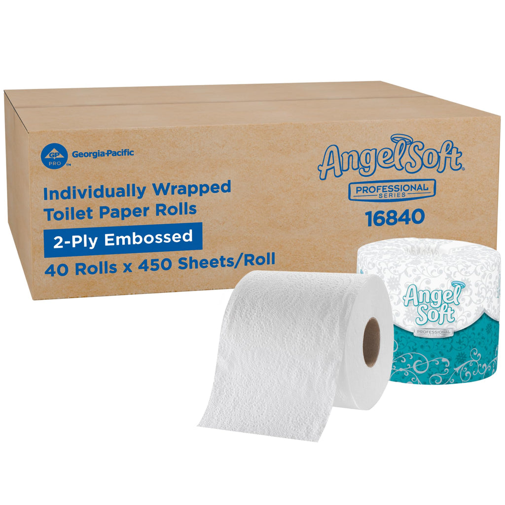 Angel Soft Professional Series by Georgia-Pacific PRO 2-Ply Embossed Toilet Paper, White, Individually Wrapped, 450 Sheets Per Roll, 40 Toilet Tissue Rolls Per Case, 16840