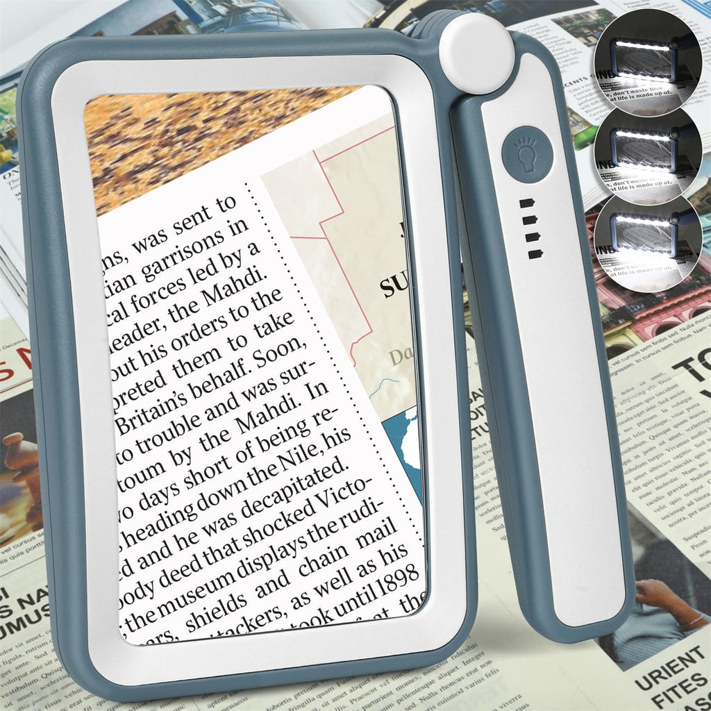 Magnifying Glass for Reading, Rechargeable 5X Large Page Magnifier with Light, Folding Handheld Dimmable Rectangle Lighted Magnifier for Reading Book Small Print for Seniors Low Vision, Blue White