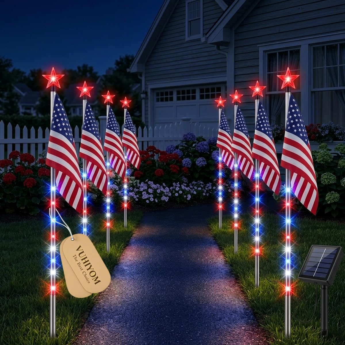 VUHIYOM 8 Piece Flag Light Set, Solar American Flag Lights Outdoor, 4th of July Pathway Stake for 250th Anniversary, Patriotic Red White Blue Decorations for Garden Yard, Waterproof Auto On/Off