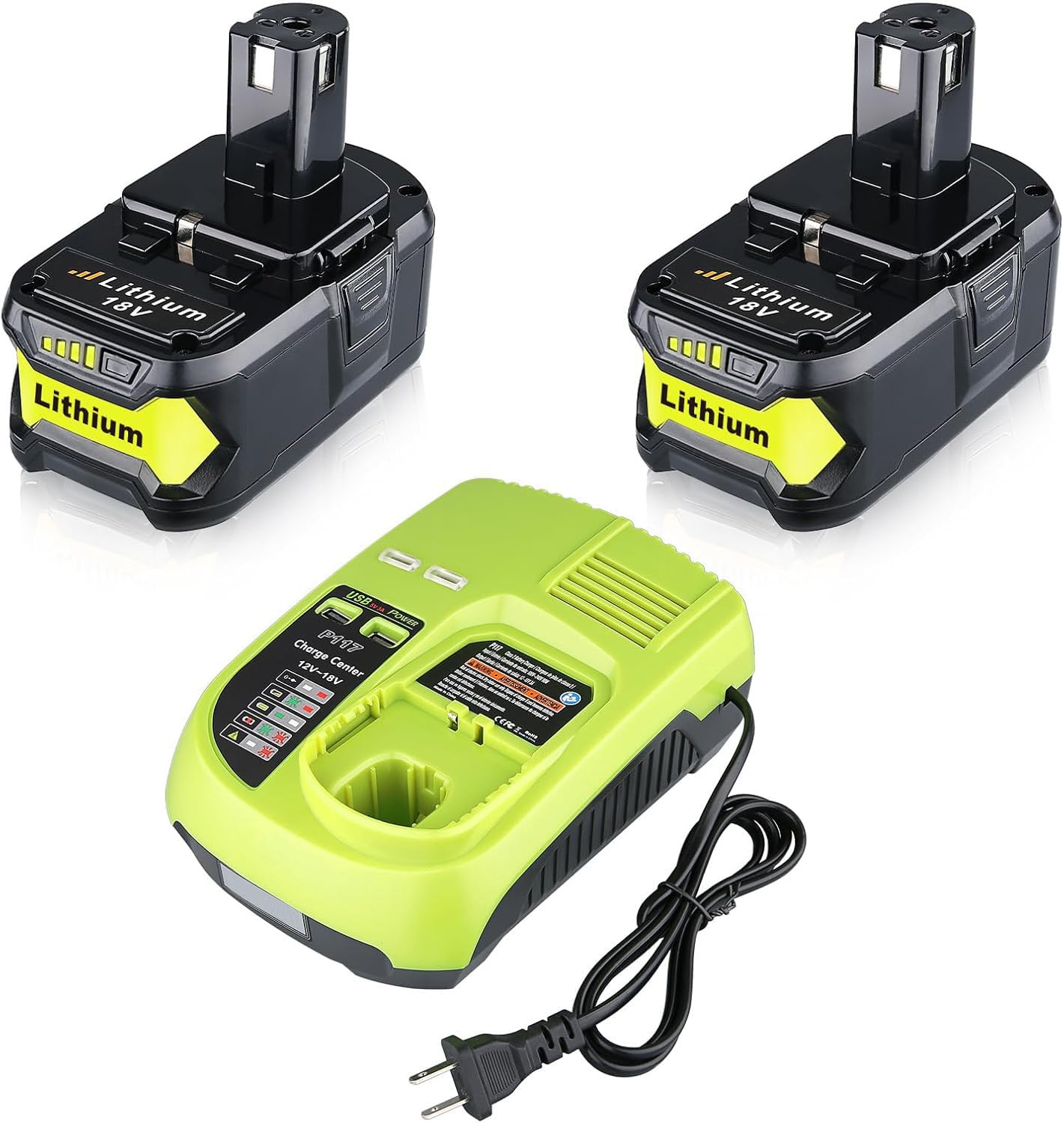 2Pack 6.0Ah Repacement for Ryobi 18V Battery with P117 Charger Compatible with Ryobi Battery 18V P102 P103 P104 P105 P107 P108 P109 Battery & Charger Kit