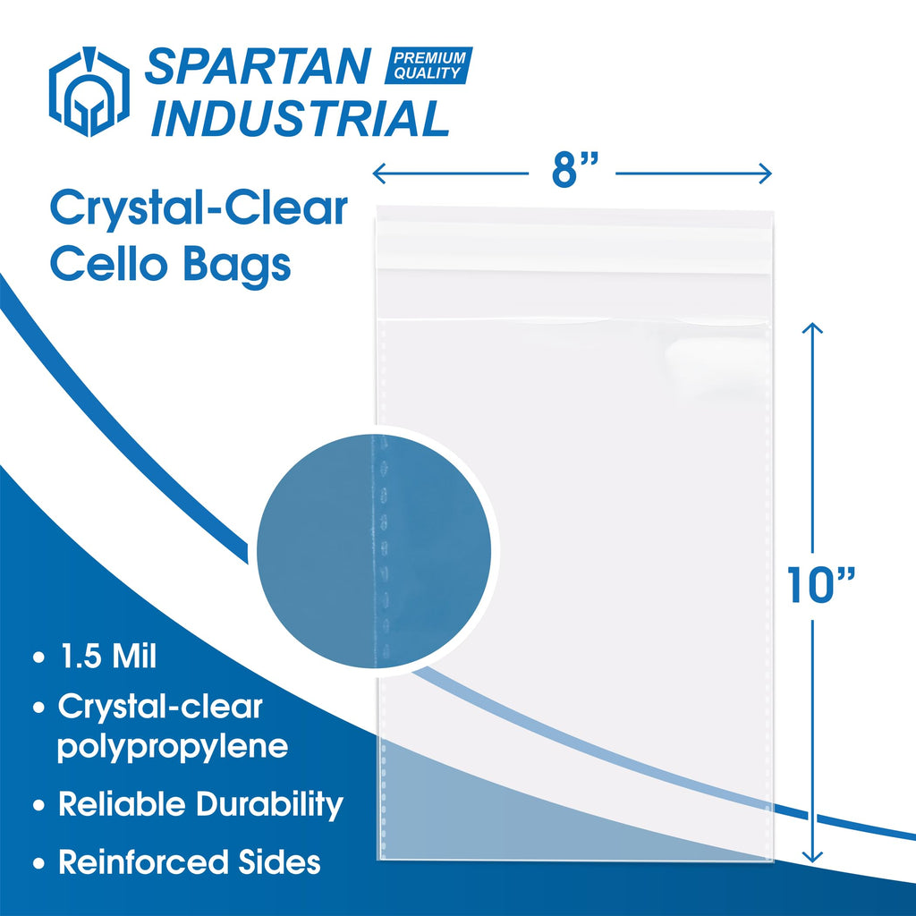 8" X 10" Self-Sealing Cellophane Bags (1000 Count) Clear Resealable Cello Bags for Art Prints, Photos, Stickers, Cookies, and Crafts - Resealable Adhesive Flap, Reinforced Sides - Spartan Industrial