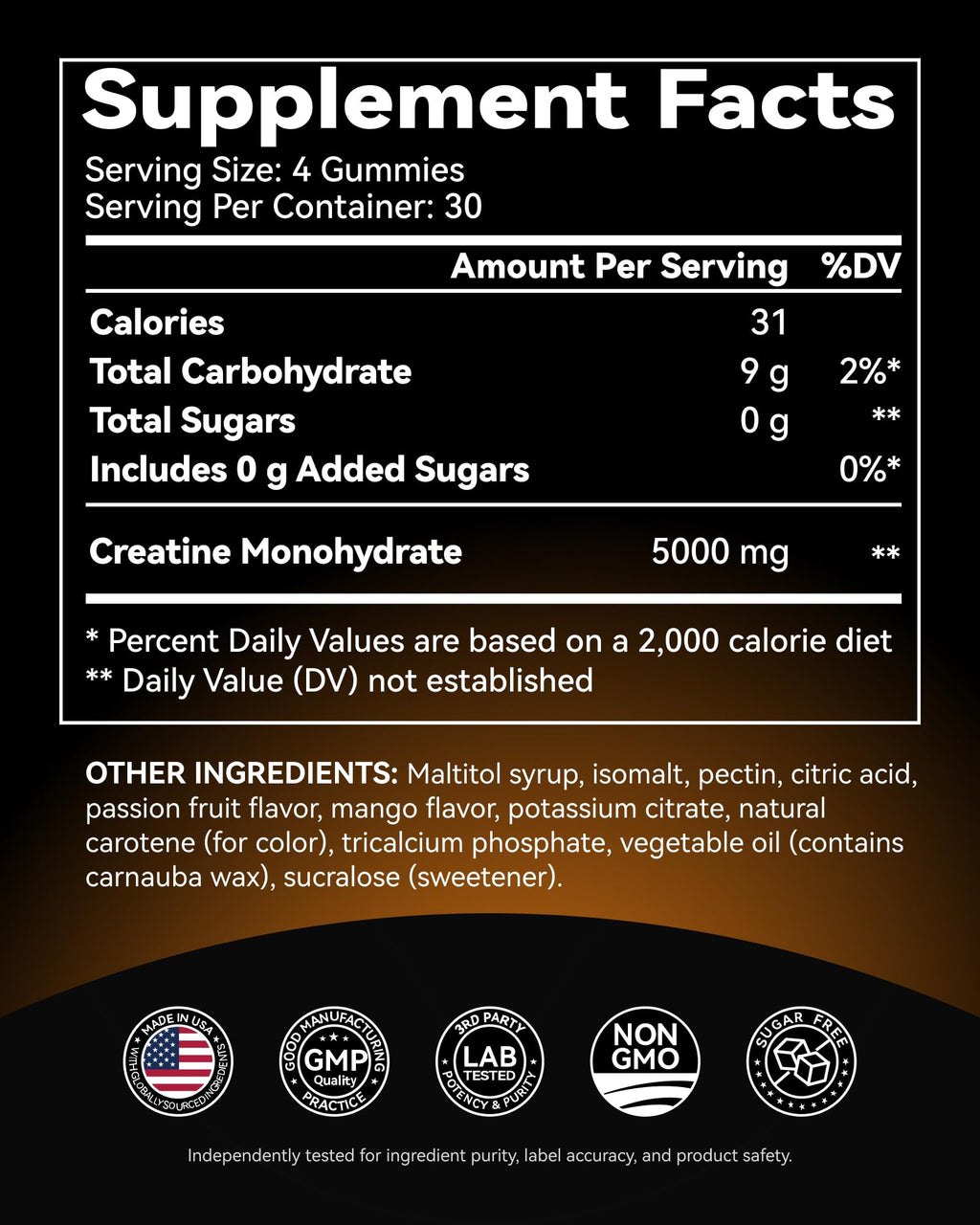 Inner Brightness Creatine Monohydrate Gummies for Men & Women 5000 mg, 3rd Party Tested, Creatine Chews for Muscle Growth, Strength & Energy Support, Sugar Free, Vegan, 120 Count, Mango Passionfruit