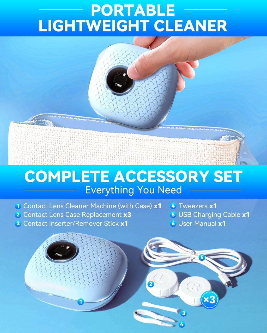 2025 Upgraded Ultrasonic Contact Lens Cleaner【50KHz Germany Super Motor】【Top1 Intelligent Chip-Smart Modes】 Gentle Cleaning & 99% Brightness, Portable Contact Lens Care Tools Home Travel (Blue)