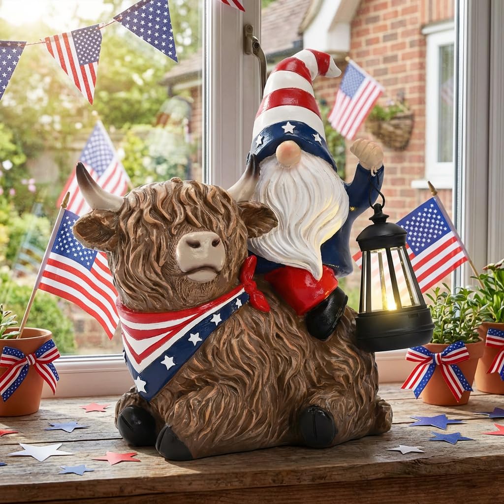TERESA'S COLLECTIONS 4th of July Highland Cow Gnome Decorations with Solar Lantern, Memorial Day Resin Garden Yak Figurine for Home, Patriotic Independence Day USA 250th Anniversary Outdoor Decor 10"