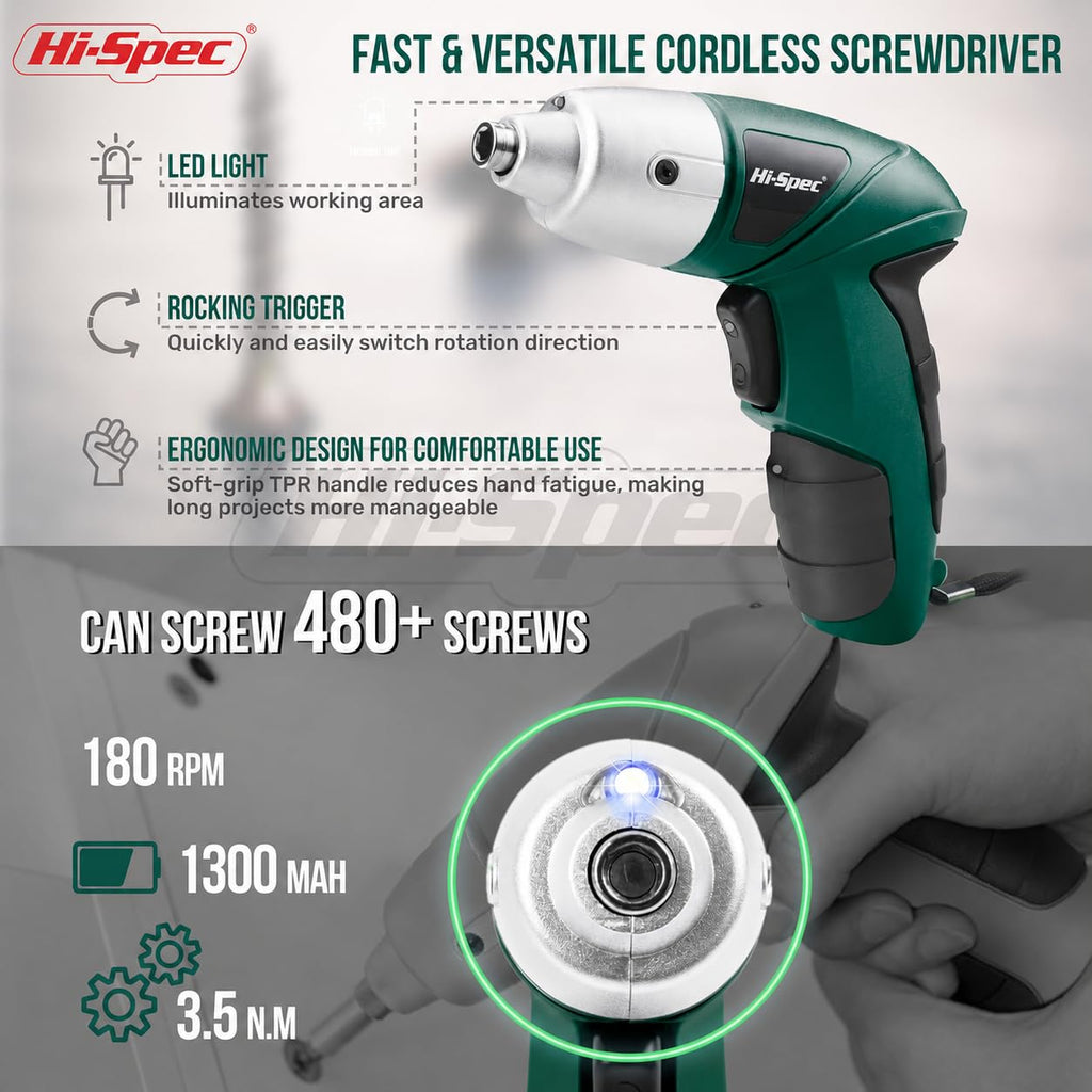 Hi-Spec 3.6V Cordless Electric Screwdriver Set with Interchangeable Bits, Green
