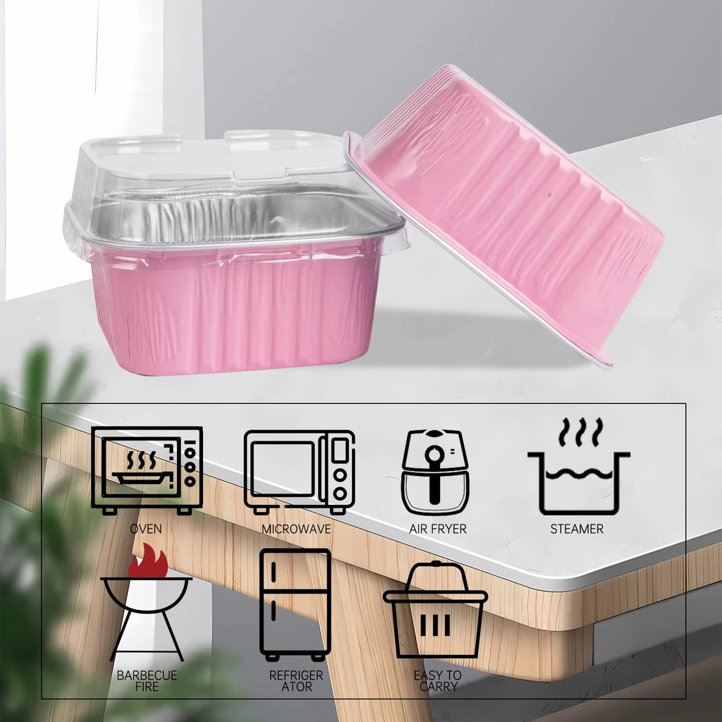 50 Pcs Mini Square Baking Cups with Lids,10oz Aluminum Foil Mini Cake Pans with Lids,Disposable Ramekins Cake Pans,300ml Dessert Cups Cupcake Pans for Wedding Birthday Party,Pink
