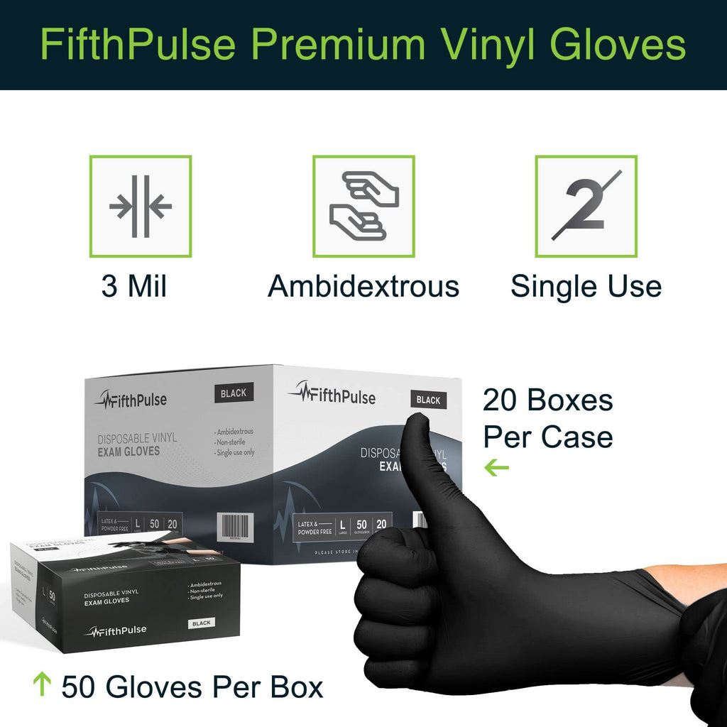 Black Vinyl Disposable Gloves Large 50 Pack - Latex Free, Powder Free Medical Exam Surgical, Home, Cleaning, and Food 3 Mil Thickness