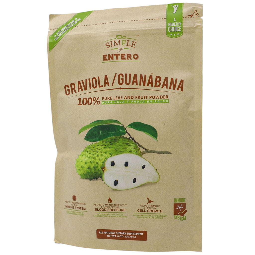 Simple y Entero Graviola/Guanabana, 100% Pure Leaf Powder, Helps You Boost Your Immune System, Vegan, 8 Oz, Bag (Pack of 2)