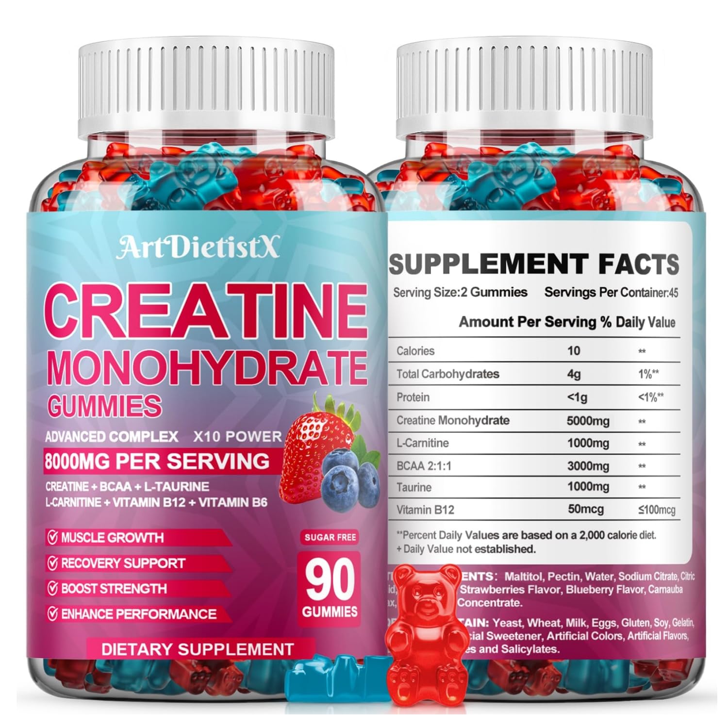 Creatine Monohydrate 8000mg Gummies with BCAA, L-Carnitine, Taurine & Vitamin B12 - Pre Workout Supplement for Muscle Growth, Strength & Energy, Multi-Flavor Chewable Gummies, 180 Count for Men Women