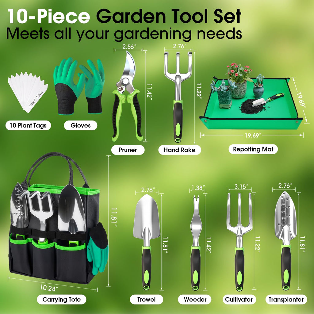 WOWBOX Garden Tools Set, 10 PCS Heavy Duty Gardening Hand Tools Kit, Green