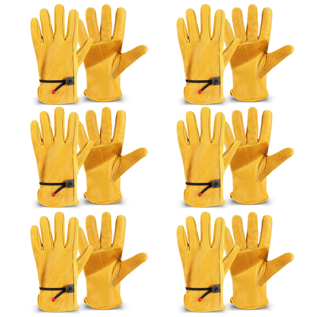 Tarpop 6 Pairs Men's Cowhide Leather Gloves Large Cowhide Leather Gardening Gloves with Reinforced Palm Stretchable Wrist Tough Working for Wood Cutting Construction Driving Garden Working