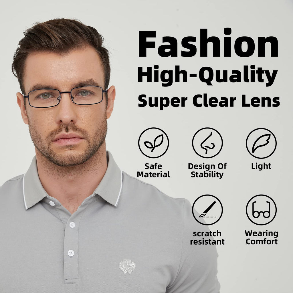 Autojouls 6-Pack Metal Reading Glasses Blue Light Blocking Spring Hinge Readers Lightweight Sturdy Comfortable, 3 Black 3 Gunmetal 2.0 x