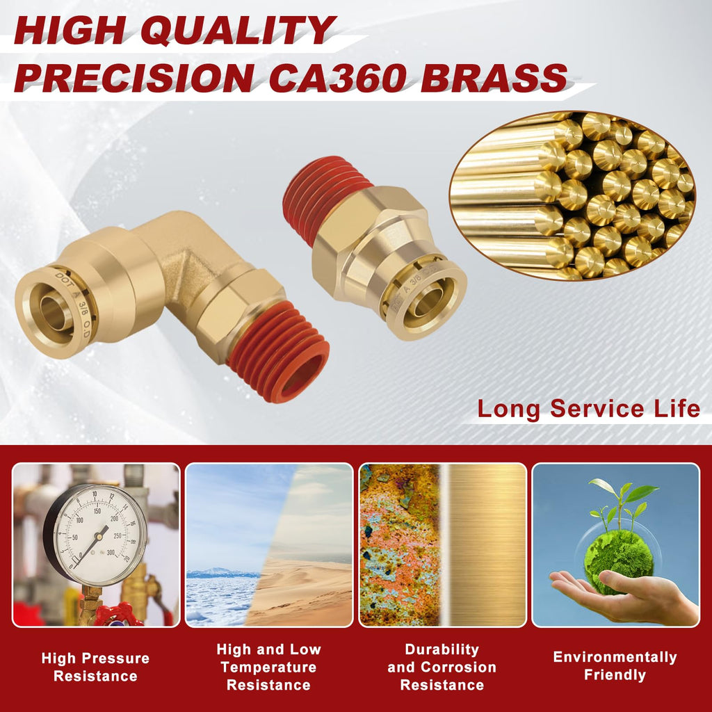 Boeray 3/8” Quick Push to Connect Fittings Brass Male Straight and Elbow Combination DOT Approved 3/8" Tube OD x 1/4" NPT Thread Air Brake Line Adapter Air Suspension Kit Air Hose Repair Kit 30pcs