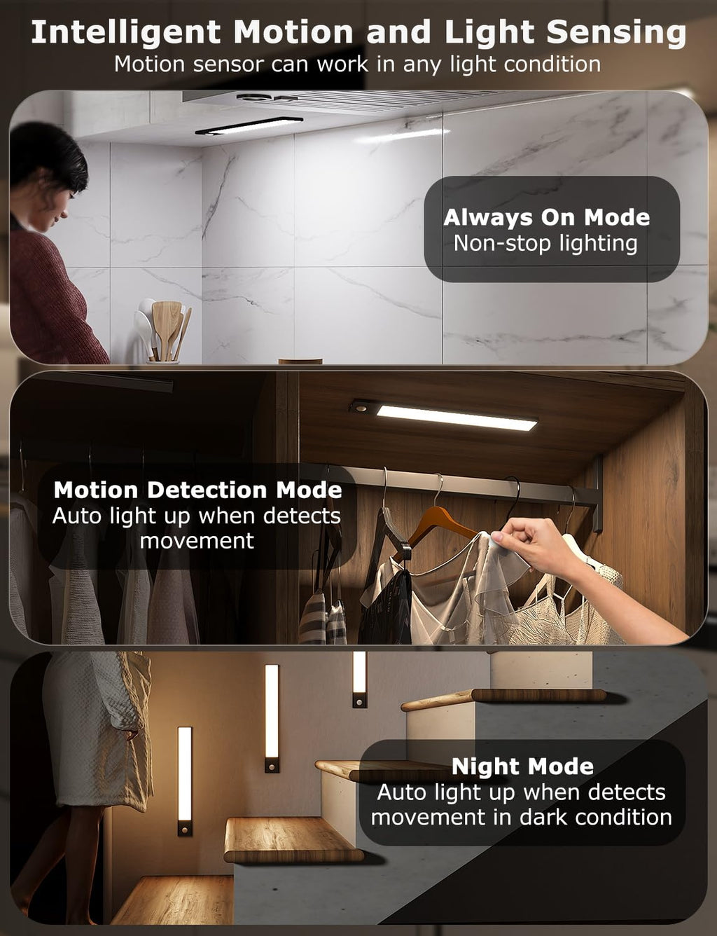 12" Under Cabinet Lighting Wireless, Remote, Motion Sensor, 4Pack, Black
