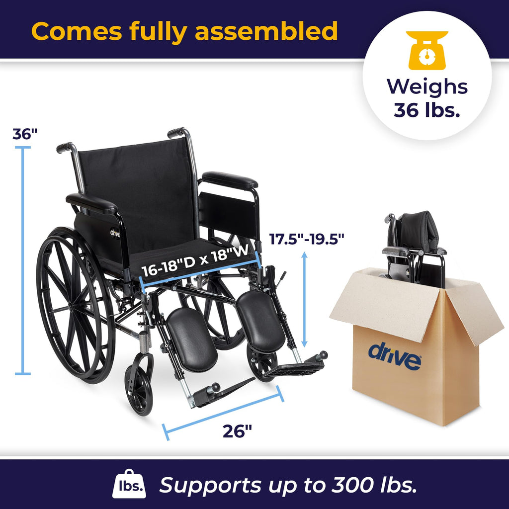 Drive Medical K318DFA-ELR Cruiser III Lightweight Folding Wheelchair with Flip Back Detachable Full Arms and Elevating Leg Rest (Black, 18 Inch, 39lbs)