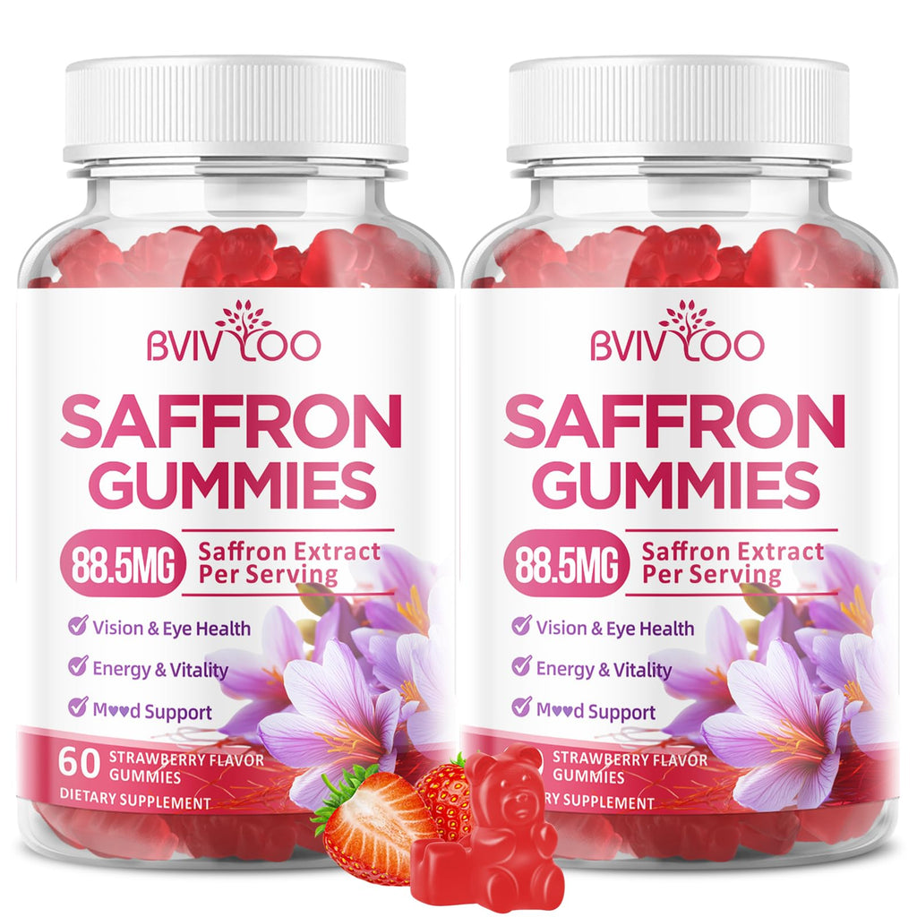 Saffron Gummies for Adult Kids, 10-IN-1 Formula with Saffron 88.5mg, Vitamins D3 & B6, Magnesium, Zinc, Ashwagandha, L-Theanine, St. John's Wort - Supports Mood & Focus, Strawberry Flavor, 60 Count