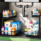 GeeBom Under Sink Organizer 2 Pack, Double Slide Out Metal Shelf, Black