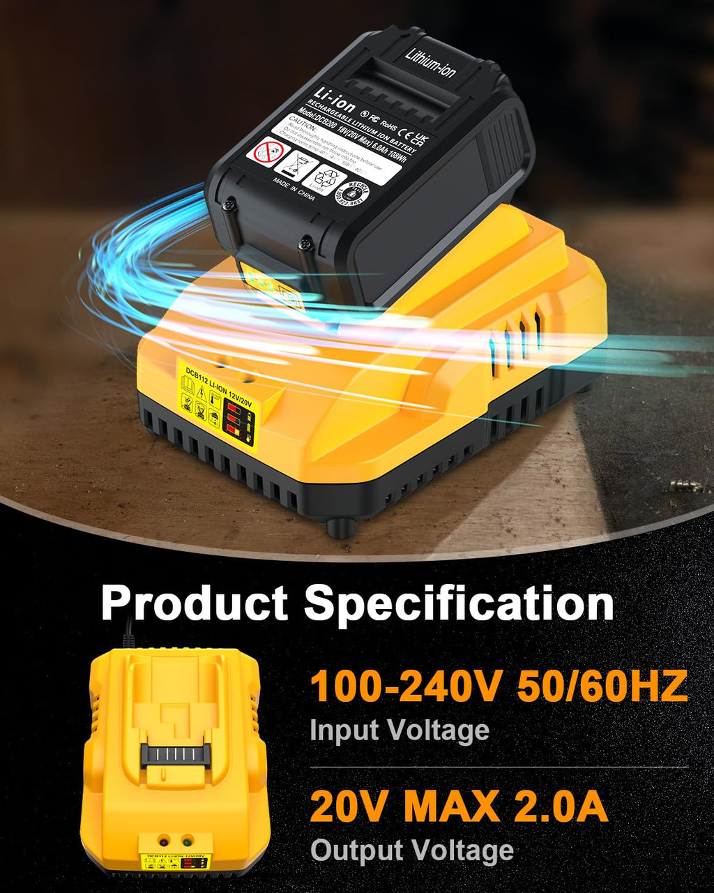 Ruzixt DCB112 Charger Replacement for Dewalt Battery Charger Compatible with Dewalt 12V 20V Max Battery DCB201 DCB204 DCB205 DCB206 DCB120 DCB127 DCB112 DCB115 DCB118 DCB107 DCB105 DCB102 (Yellow)