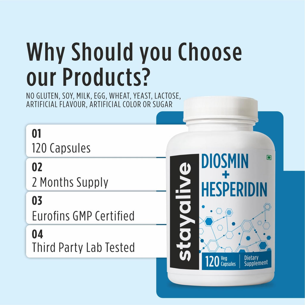 STAY ALIVE Diosmin Hesperidin 1000mg Complex, 120 Count, Citrus Bioflavonoids Rich Fruit Extract, 2 Month Supply, 100% Vegetarian, Non-GMO & Gluten Free Hesperidin and Diosmin Supplement Capsules