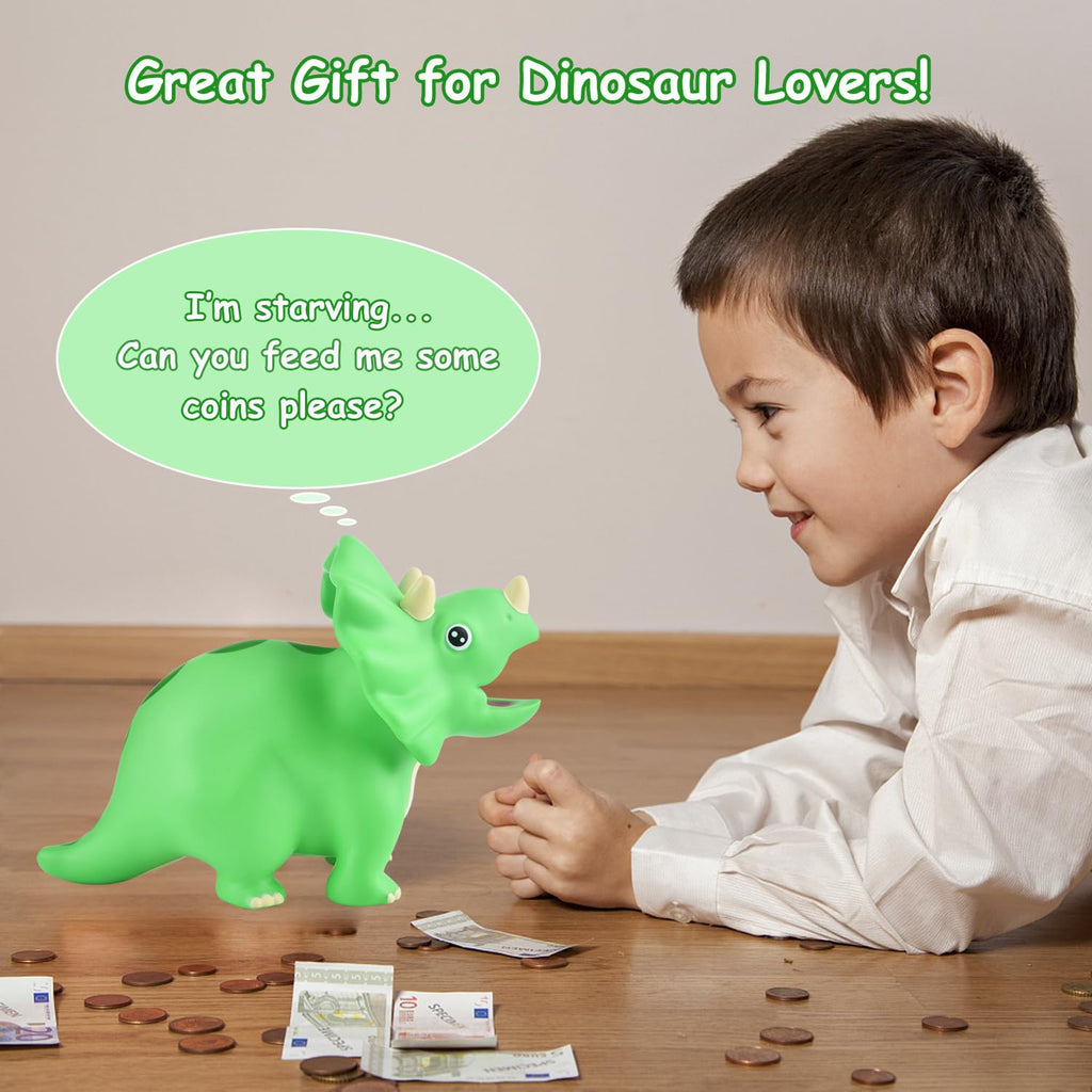 PJDRLLC Dinosaur Piggy Bank for Kids, Unbreakable Plastic Money Coin Bank for Boys and Girls, Great Gifts for Birthday, Easter, Christmas (Green)
