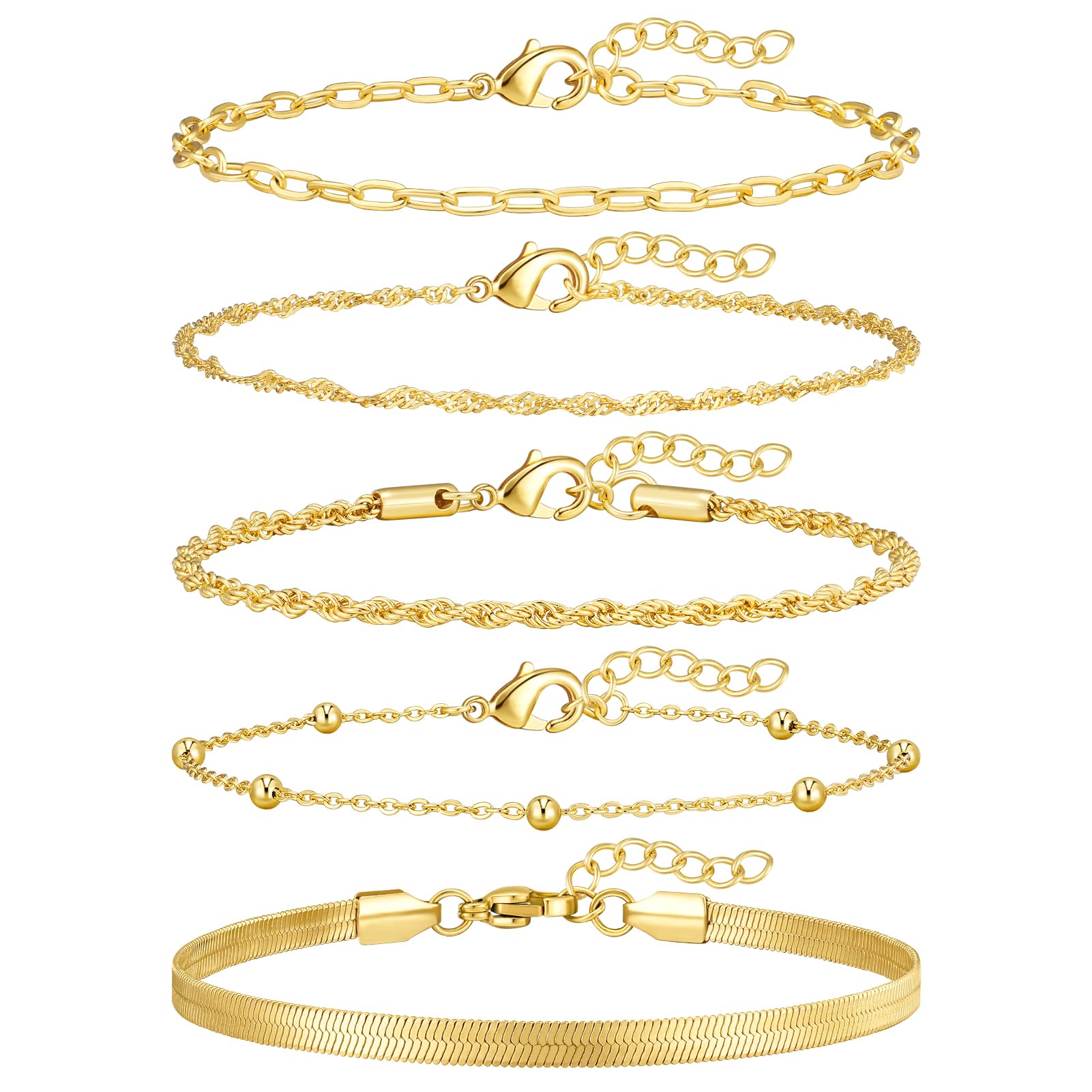 adoyi Gold Bracelets for Women, 14K Gold Plated Stackable Bracelet Stack Set Adjustable Charm Paperclip Chain Cuban Link Layered Waterproof Jewelry Sets Gifts for Womens 6.5 Inch