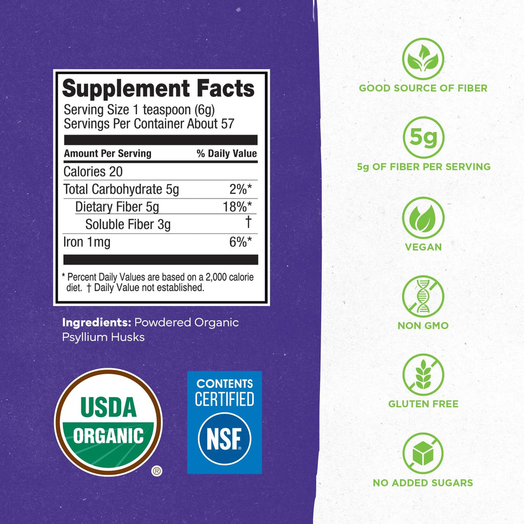Konsyl USDA Organic Psyllium Husk Powder - 12oz, 60 Servings, Natural Unflavored Soluble Dietary Fiber Supplement - Fiber Prebiotic for Digestive Support and Gut Health - Sugar Free, Keto & Vegan