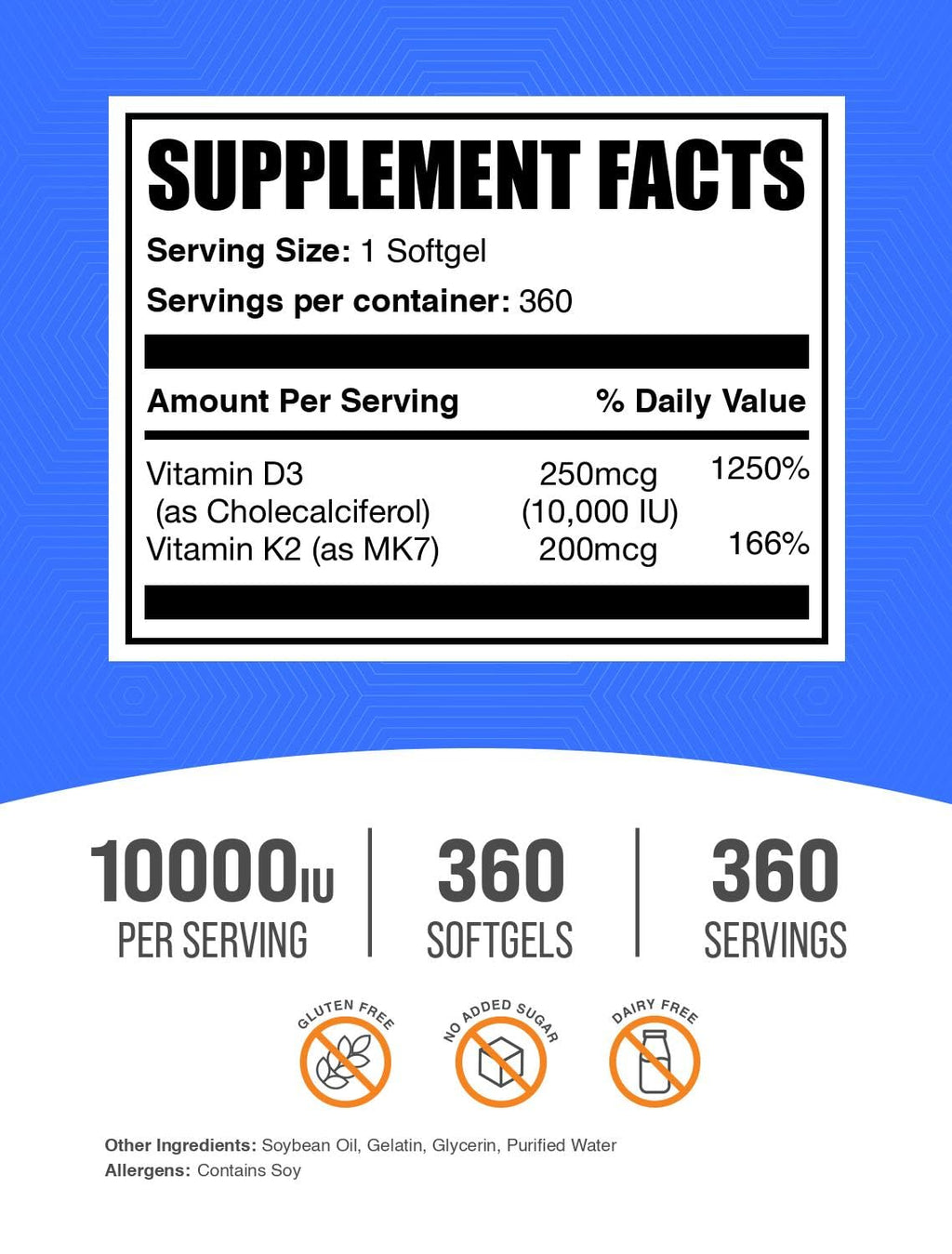 BulkSupplements.com Vitamin D3 + K2 10000 IU Softgels - K2 D3 Vitamin Supplement, for Immune Health - Gluten Free, 1 Softgel per Serving, 360 Count (Pack of 1)