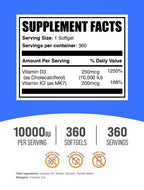 BulkSupplements.com Vitamin D3 + K2 10000 IU Softgels - K2 D3 Vitamin Supplement, for Immune Health - Gluten Free, 1 Softgel per Serving, 360 Count (Pack of 1)