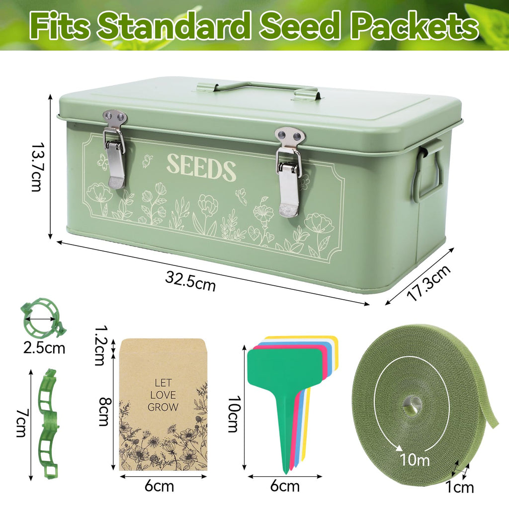 Pimoys Metal Seed Storage Box With Lid, 4 Compartments, Garden Organizer