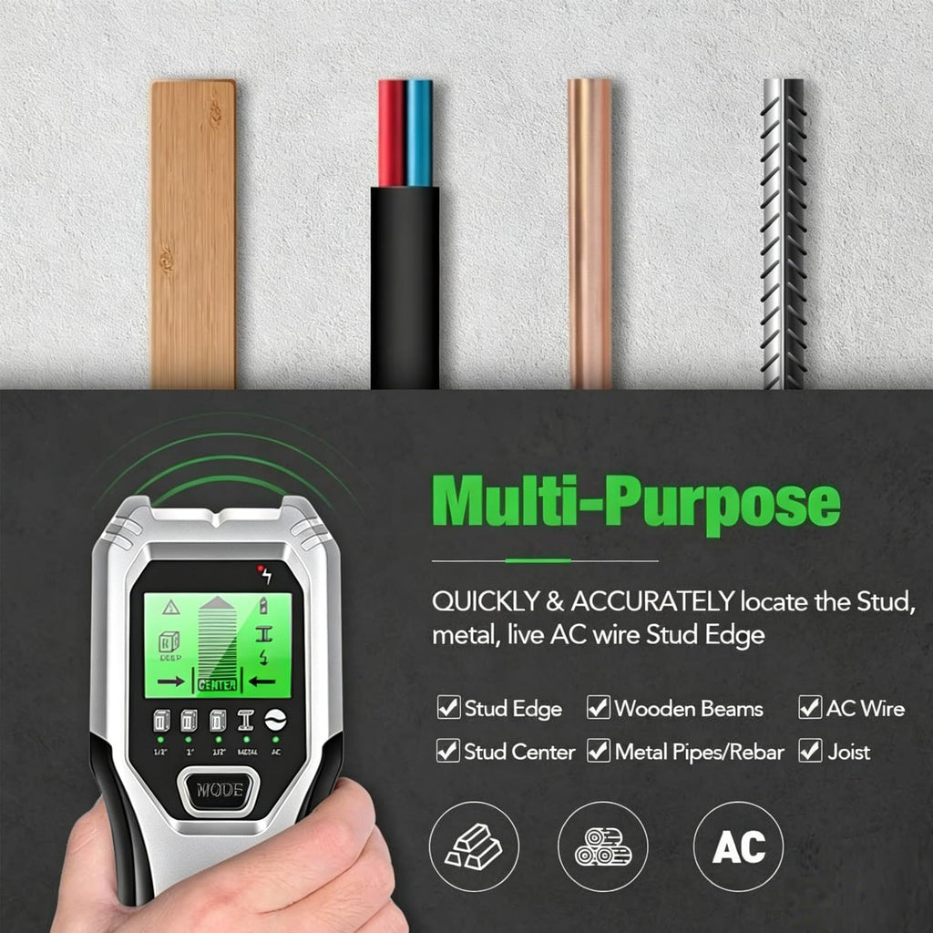 Stud Finder Wall Scanner 5 in 1 Multifunctional Upgraded Smart Wall Scanner, Stud Sensor Beam Detector with Battery for Wood Metal and AC Wire Detection, Comes with HD LCD Display and Audio Alarm