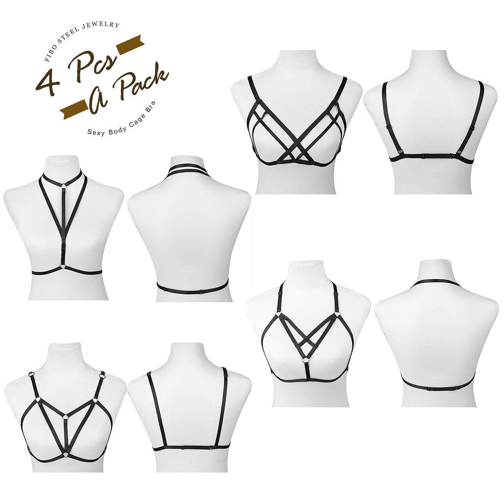 FIBO STEEL 4 PCS Black Strappy Cage Bra Sexy Bra Harness for Women