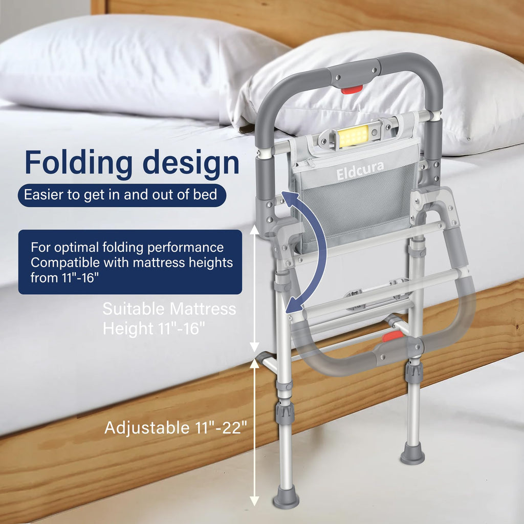 Foldable Bed Rails for Elderly Adults Safety - Heavy Duty Bed Rail for Seniors with Adjustable Height,Bed Side Rails with Motion Sensor Light and Storage Pocket,Fits King Queen Full Twin Beds,400LBS