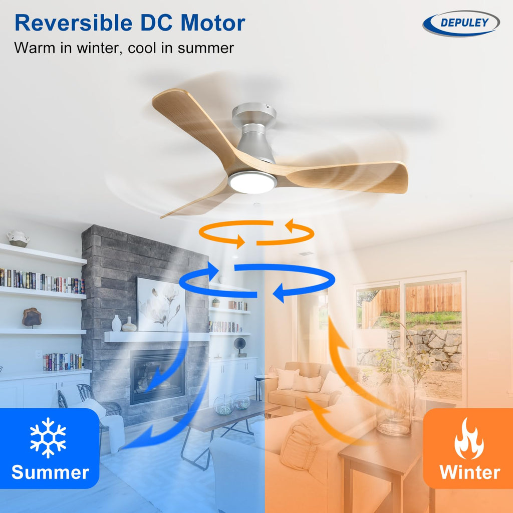 Depuley Ceiling Fans with Lights for Bedroom: 42 In Smart Low Profile Ceiling Fan with Voice Alex APP Remote Control - Wood Fandelier Flush Mount Fan 3 Blades Dimmable 3CCT Ultra Quiet