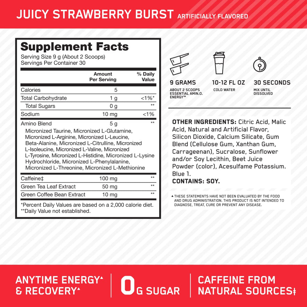 Optimum Nutrition Amino Energy Powder – Energy & Focus Pre Workout with Amino Acids, BCAA, Green Tea Caffeine & Coffee, Muscle Recovery Support – Juicy Strawberry, 30 Servings (Packaging May Vary)