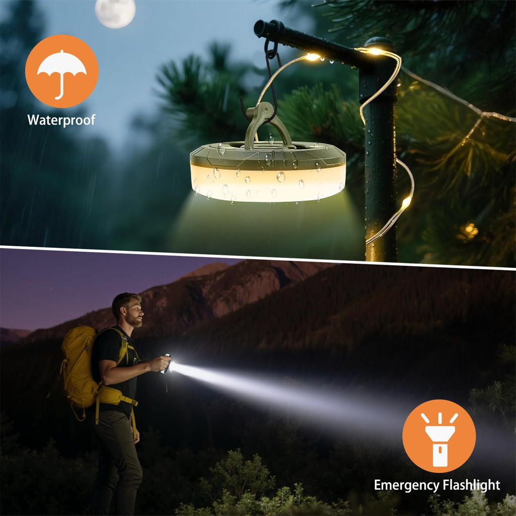 MDCMLKS Camping String Lights, 4 in 1 Portable Camping Light Rechargeable, 8 Lighting Modes, USB Charging, Quick Storage, 32.8FT Waterproof Tent Lights String for Camping, Hiking, Yard, Christmas