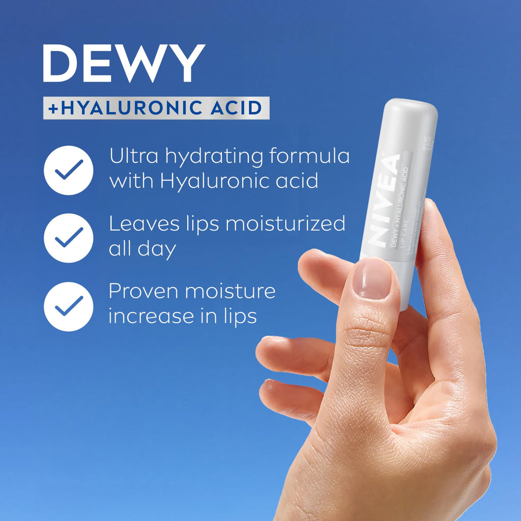 NIVEA Dewy Lip Balm with Hyaluronic Acid, Lightweight and Ultra-Hydrating for All Day Moisture, Leaves Visibly Less Noticeable Lip Lines and No Waxy Feel, 0.18 Oz, Pack of 4