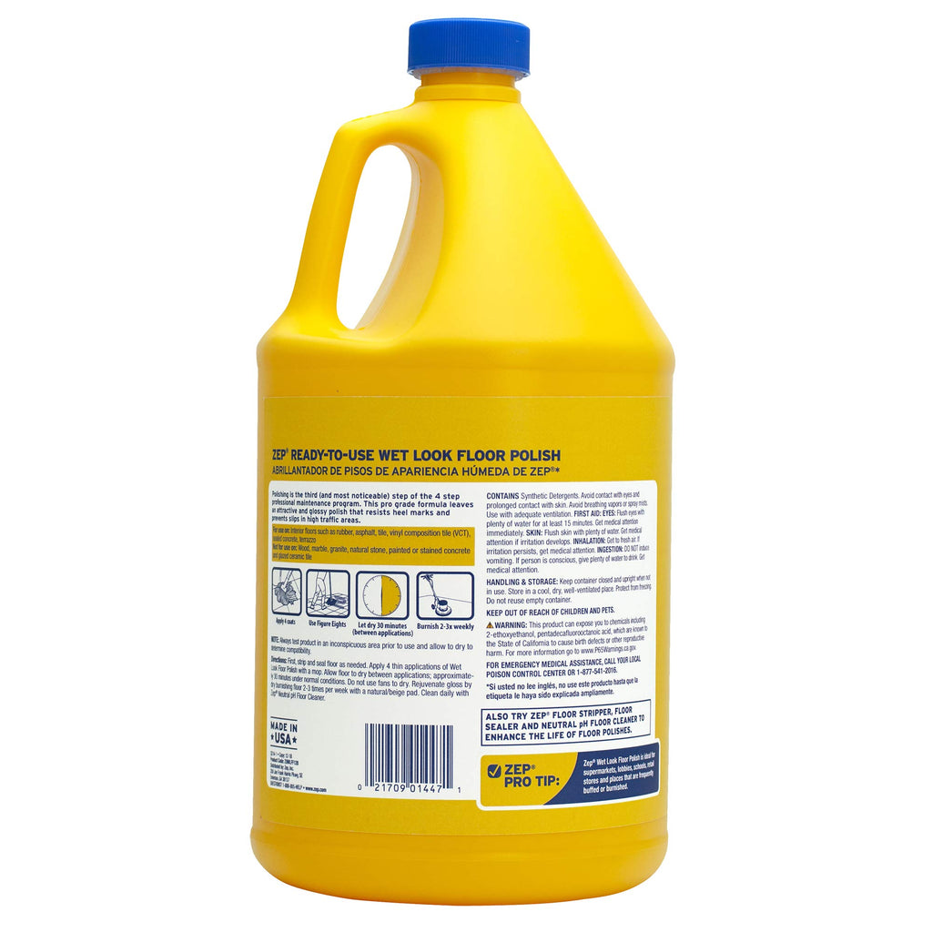 Zep Wet Look Floor Polish - 1 Gallon (Case of 2) ECZUWLFF1282 - Long Lasting Glossy Finishing Polish, Scuff & Slip Resistant, for Vinyl (VCT), Sealed Concrete, Rubber, and No-Wax Tile Floors