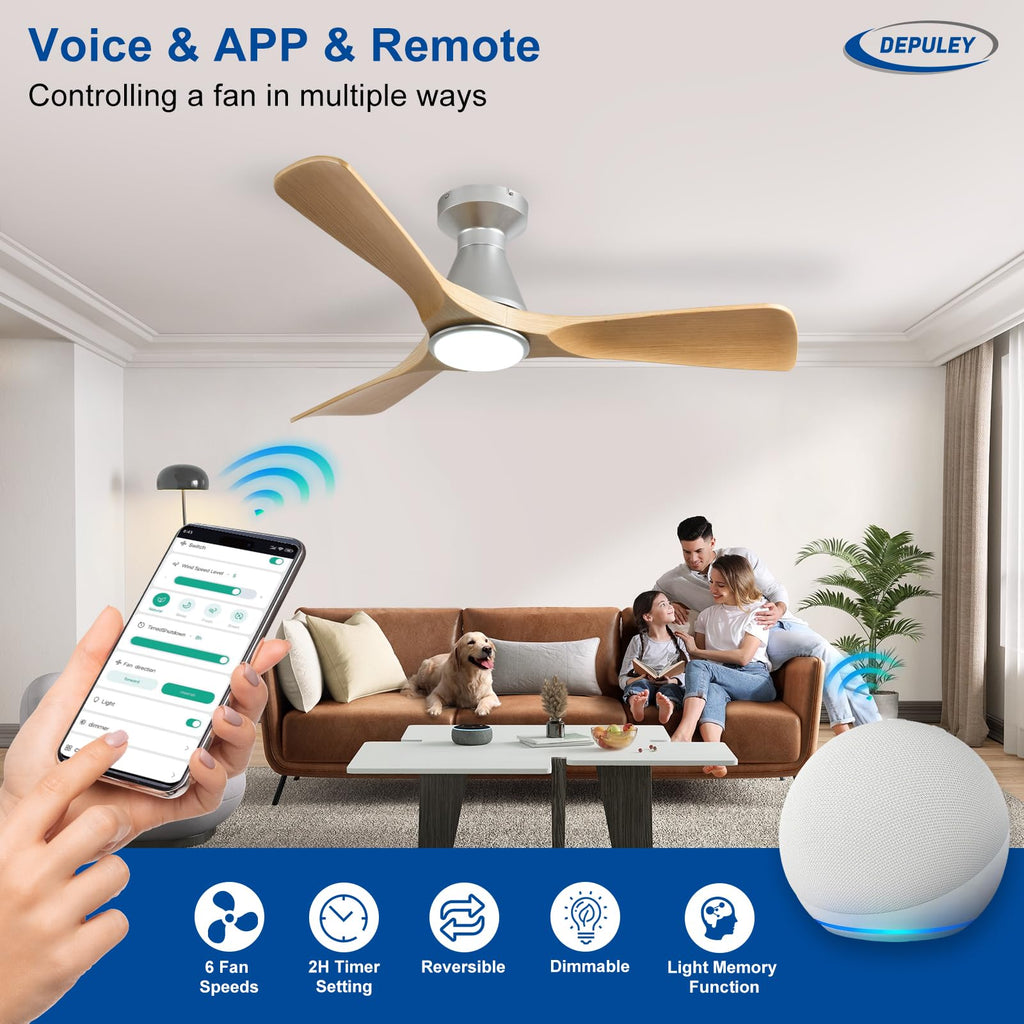Depuley Ceiling Fans with Lights for Bedroom: 42 In Smart Low Profile Ceiling Fan with Voice Alex APP Remote Control - Wood Fandelier Flush Mount Fan 3 Blades Dimmable 3CCT Ultra Quiet