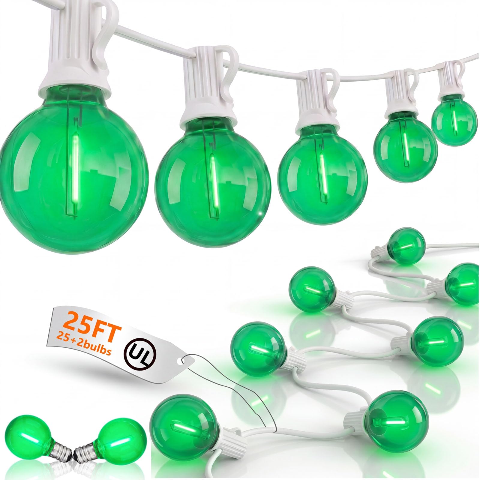 25Ft G40 LED Outdoor Globe String Lights, Outdoor St. Patrick's Day Decorations Lights with 27 Shatterproof Green Bulbs, Hanging Patio Light Waterproof for Irish-themed Party Backyard Garden Wedding