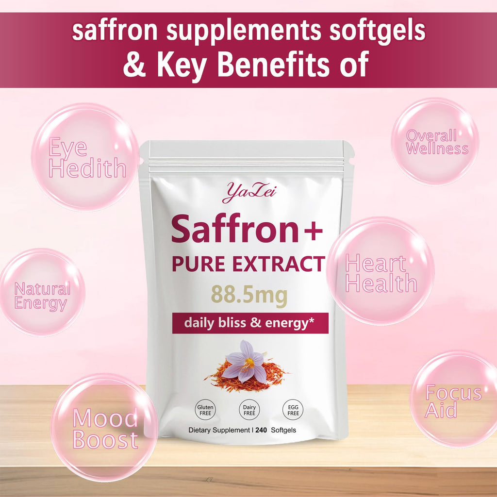 Yalei Saffron Extract Supplements 88.5mg,240 Softgels, 4 Month Supply- Boost Energy & Mood, Support Eye & Heart Health- Vegan, Gluten Free