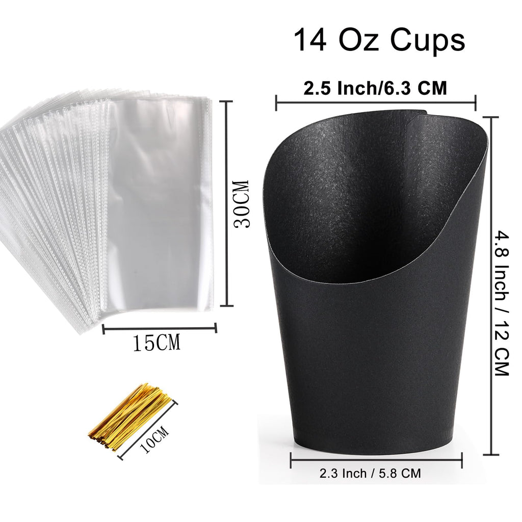 Disposable Charcuterie Cups 60 PCS with 200PCS Sticks and 60PCS Bags, 14 oz Kraft Paper Snack Boxes Appetizers Cup French Fry Holder with Cocktail Skewers Toothpicks Tooth Picks, Black