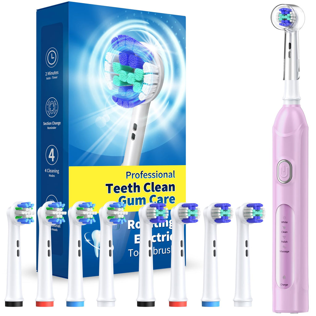 TEETHEORY Rotating Electric Toothbrush for Adults with 8 Brush Heads (2 Types), 4 Modes Deep Clean Electric Toothbrush with Rechargeable Power and 2 Min Smart Timer Purple