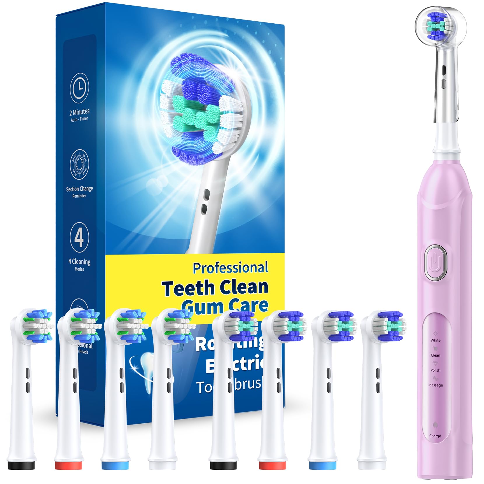 TEETHEORY Rotating Electric Toothbrush for Adults with 8 Brush Heads (2 Types), 4 Modes Deep Clean Electric Toothbrush with Rechargeable Power and 2 Min Smart Timer Purple