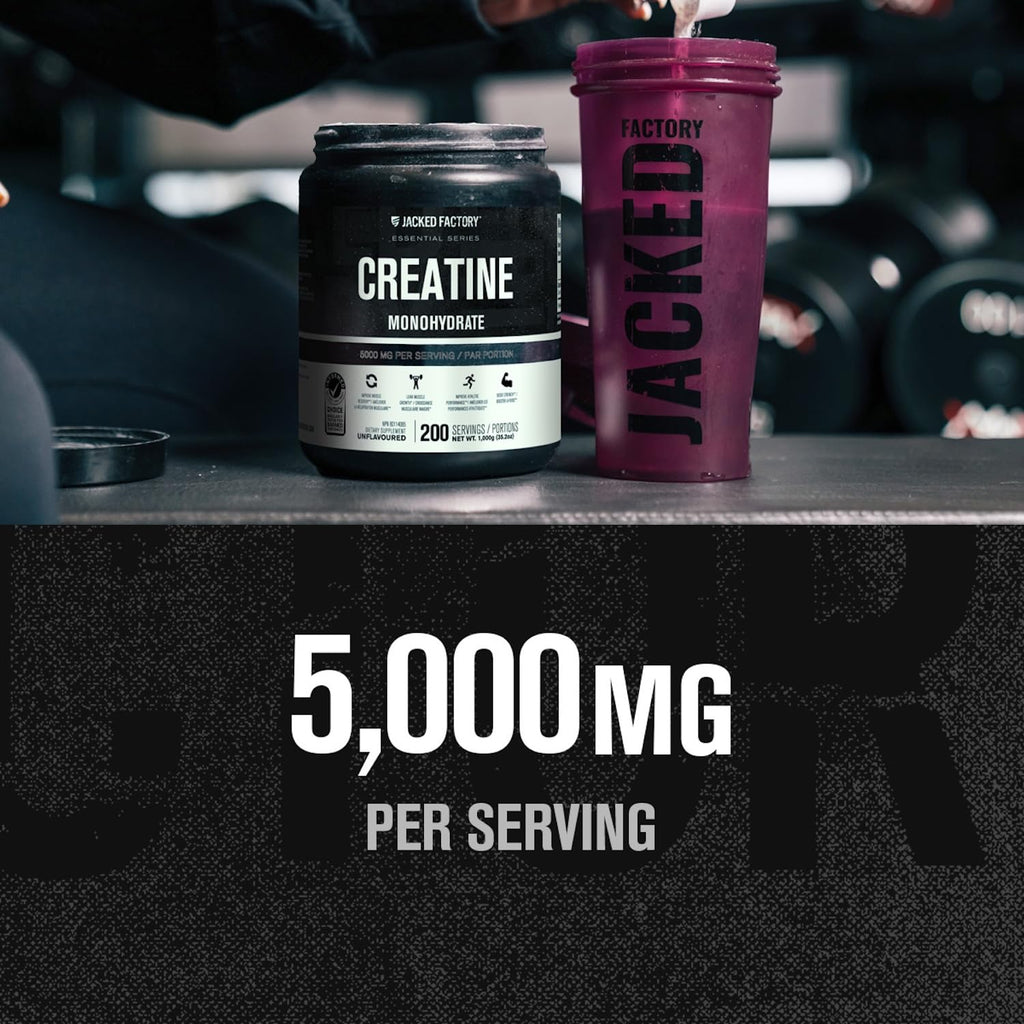 Jacked Factory Creatine Monohydrate Powder 1000g - 5g Daily Creatine Supplement for Men and Women, Vegan-Friendly, Third-Party Tested - 200 Servings, Unflavored