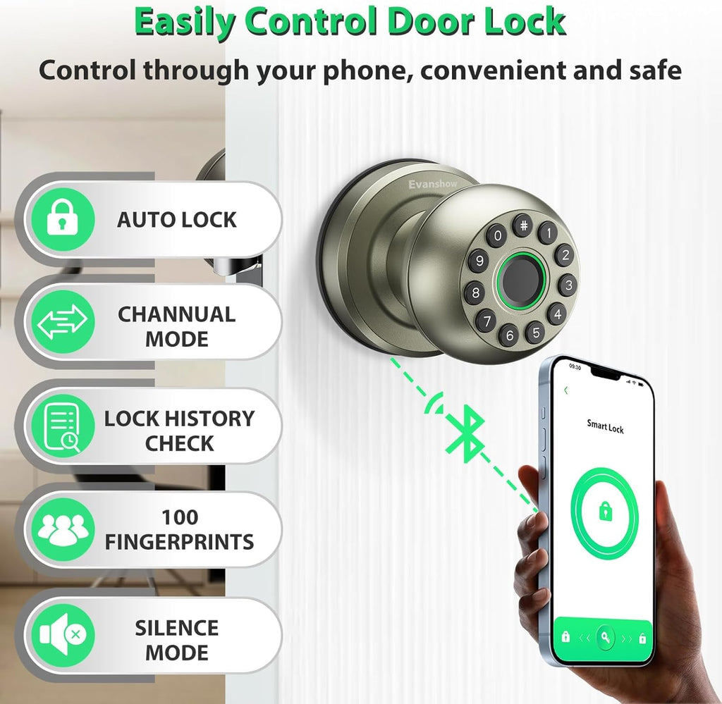 Smart Door Knob Fingerprint Door Lock 4-in-1 Keyless Entry (Fingerprint/App/Code/Key) with Auto-Lock Easy Install for Home/Bedroom/Office-Silver
