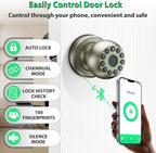 Smart Door Knob Fingerprint Door Lock 4-in-1 Keyless Entry (Fingerprint/App/Code/Key) with Auto-Lock Easy Install for Home/Bedroom/Office-Silver